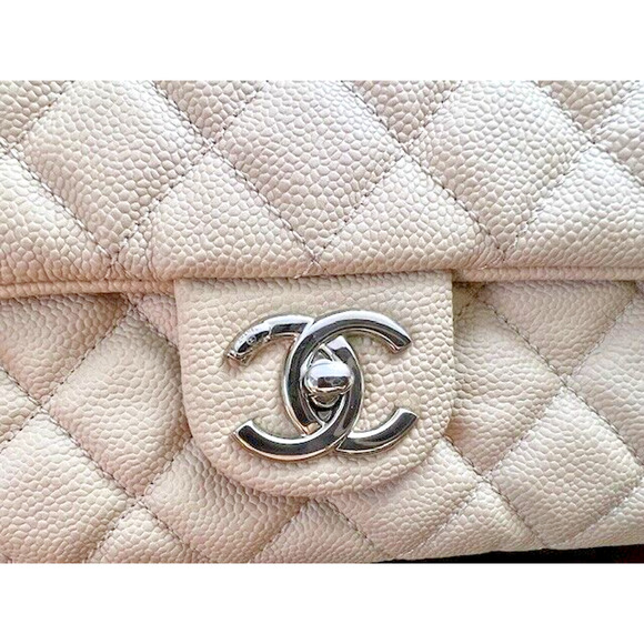 100% AUTHENTIC CHANEL CLASSIC EASY FLAP JUMBO CAVIAR BAG BEIGE QUILTED SILVER - Picture 2 of 16
